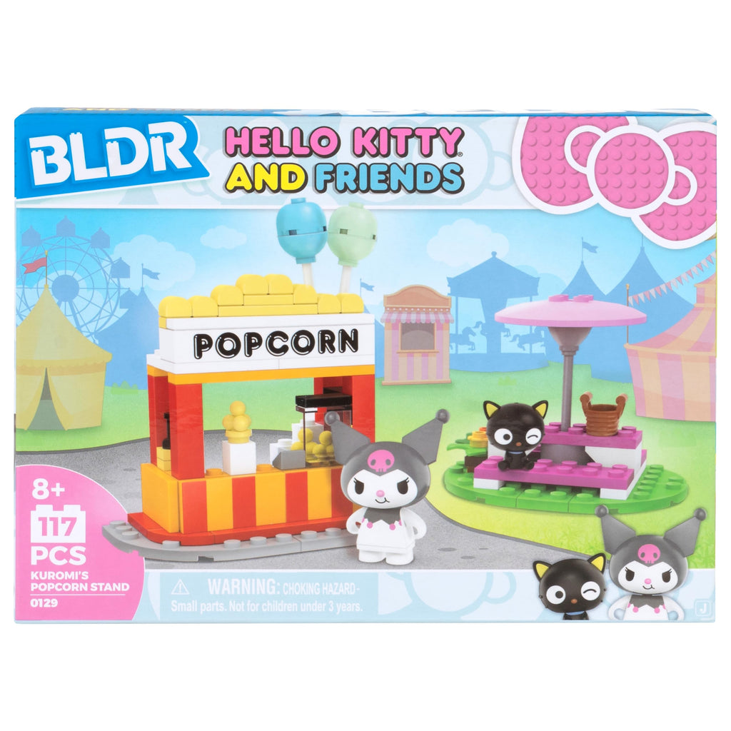 BLDR Hello Kitty and Friends Kuromi's Popcorn Stand Building Set – 117 Pieces with Poseable Kuromi & Chococat Figures, Ages 8+