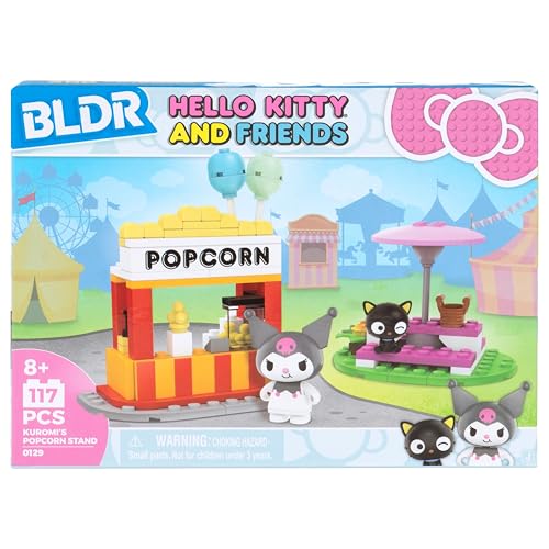 BLDR Hello Kitty and Friends Kuromi's Popcorn Stand Building Set – 117 Pieces with Poseable Kuromi & Chococat Figures, Ages 8+