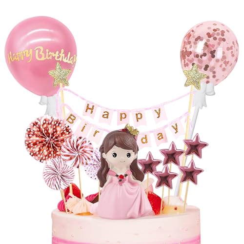 BlingABC 14-Piece Princess Cake Topper Set with Happy Birthday Banner and Decorations