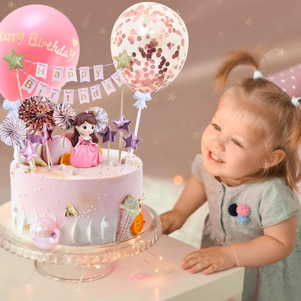BlingABC 14-Piece Princess Cake Topper Set with Happy Birthday Banner and Decorations