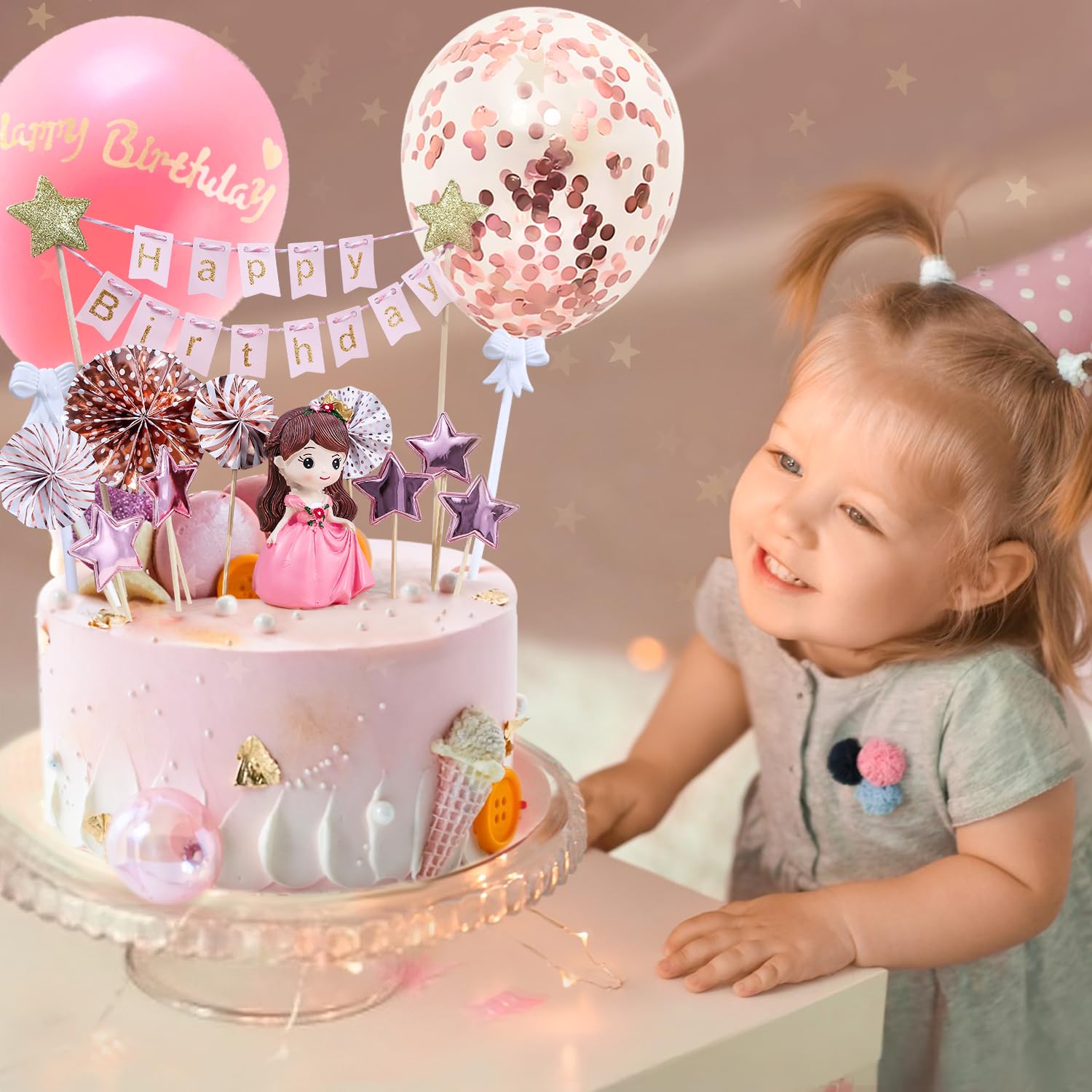 BlingABC 14-Piece Princess Cake Topper Set with Happy Birthday Banner and Decorations