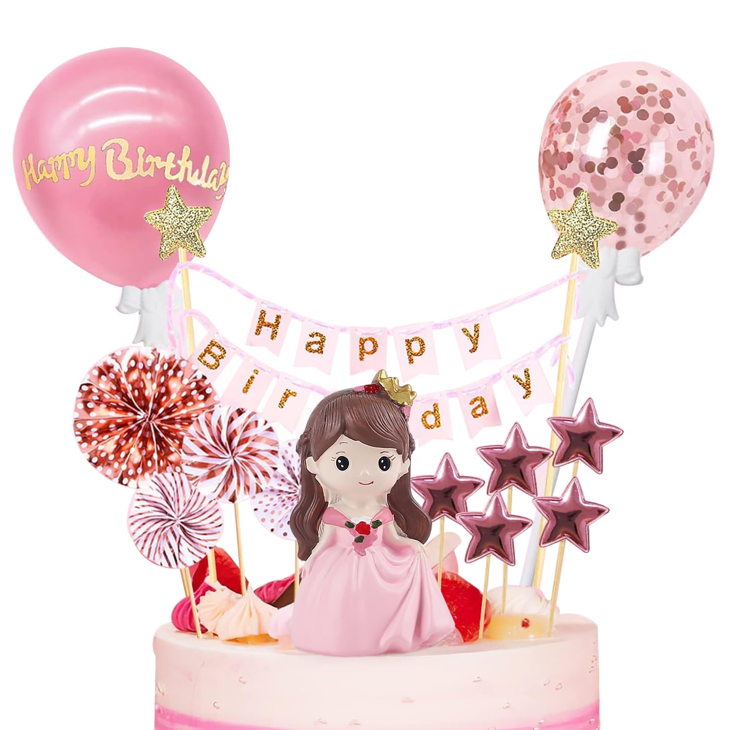 BlingABC 14-Piece Princess Cake Topper Set with Happy Birthday Banner and Decorations