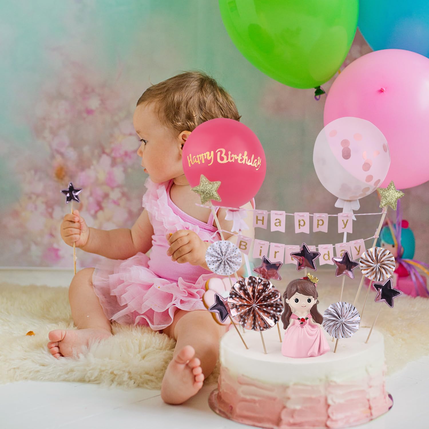BlingABC 14-Piece Princess Cake Topper Set with Happy Birthday Banner and Decorations