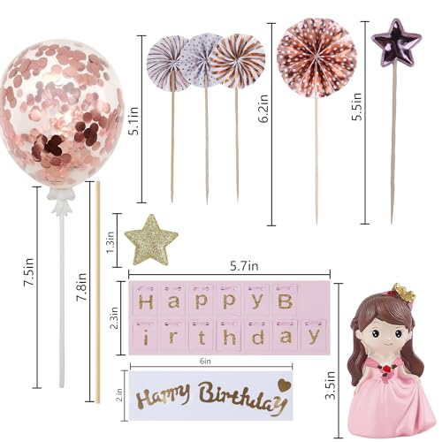 BlingABC 14-Piece Princess Cake Topper Set with Happy Birthday Banner and Decorations