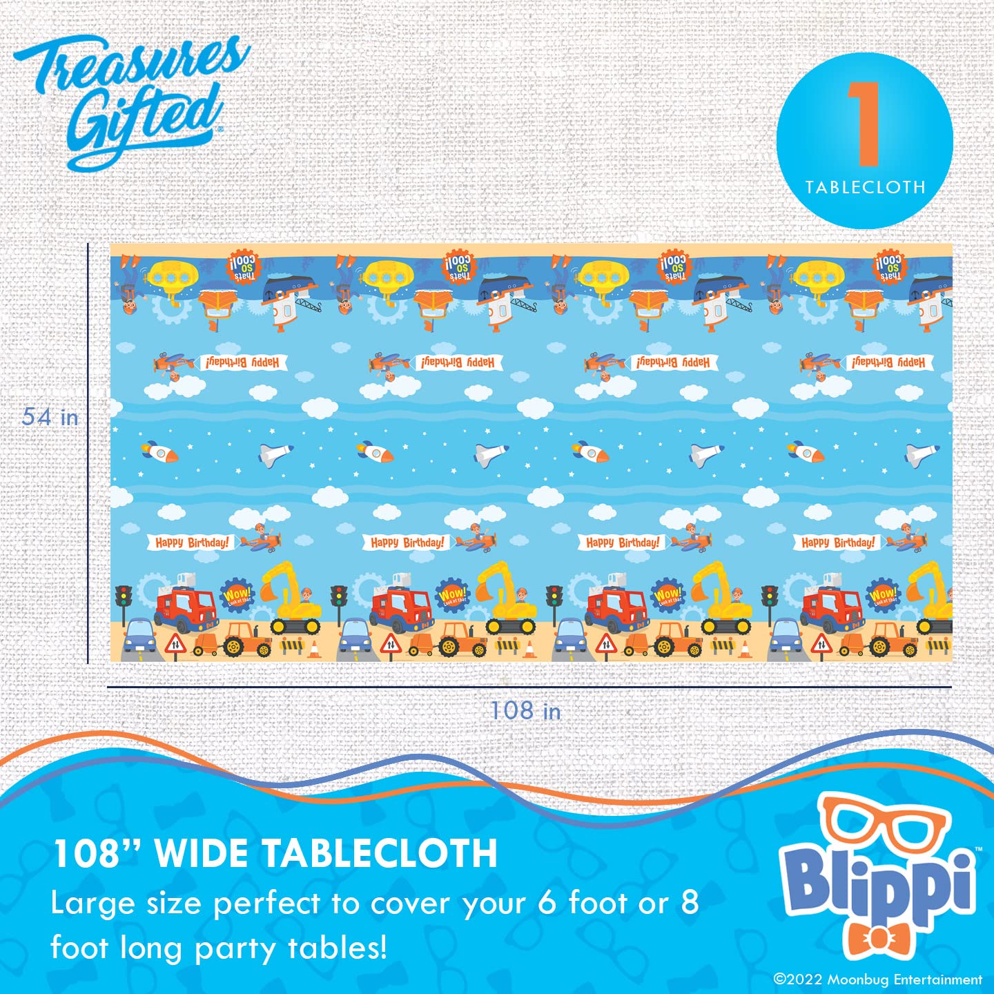 Blippi Tablecloth 54x108 inches – Treasures Gifted Licensed Plastic Party Table Cover