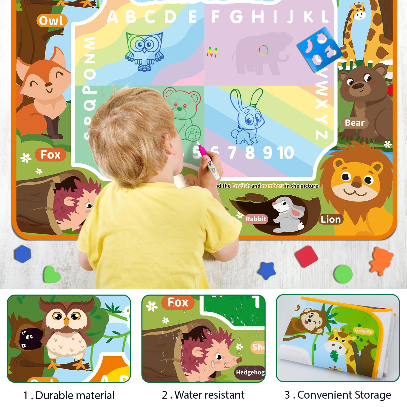 BlissfulBlend Water Doodle Mat 40x32 Inches – Mess-Free Magic Water Pens, 19-Piece Set for Toddlers Ages 3-9