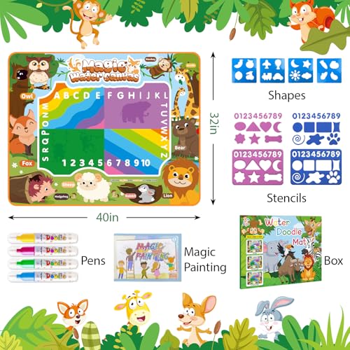 BlissfulBlend Water Doodle Mat 40x32 Inches – Mess-Free Magic Water Pens, 19-Piece Set for Toddlers Ages 3-9