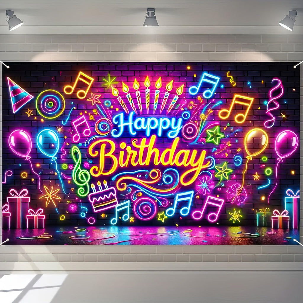 BlissYard Neon Happy Birthday Banner 71x43 Inch Glow in the Dark Backdrop for Kids Parties