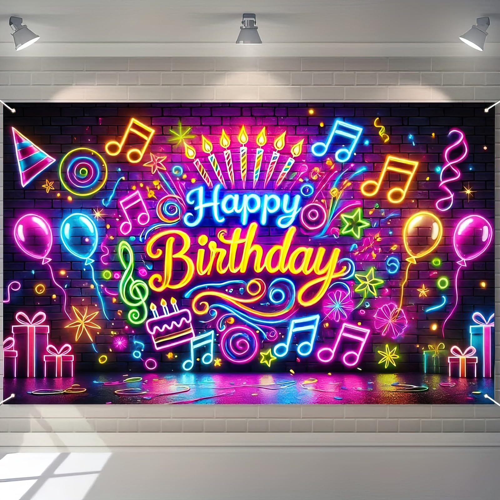 BlissYard Neon Happy Birthday Banner 71x43 Inch Glow in the Dark Backdrop for Kids Parties