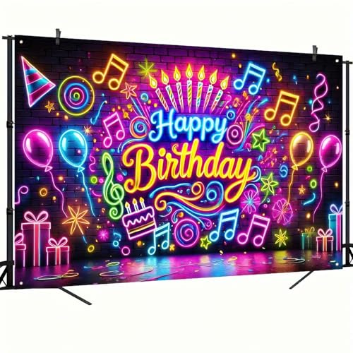 BlissYard Neon Happy Birthday Banner 71x43 Inch Glow in the Dark Backdrop for Kids Parties