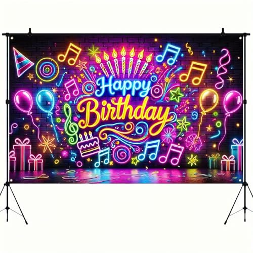 BlissYard Neon Happy Birthday Banner 71x43 Inch Glow in the Dark Backdrop for Kids Parties
