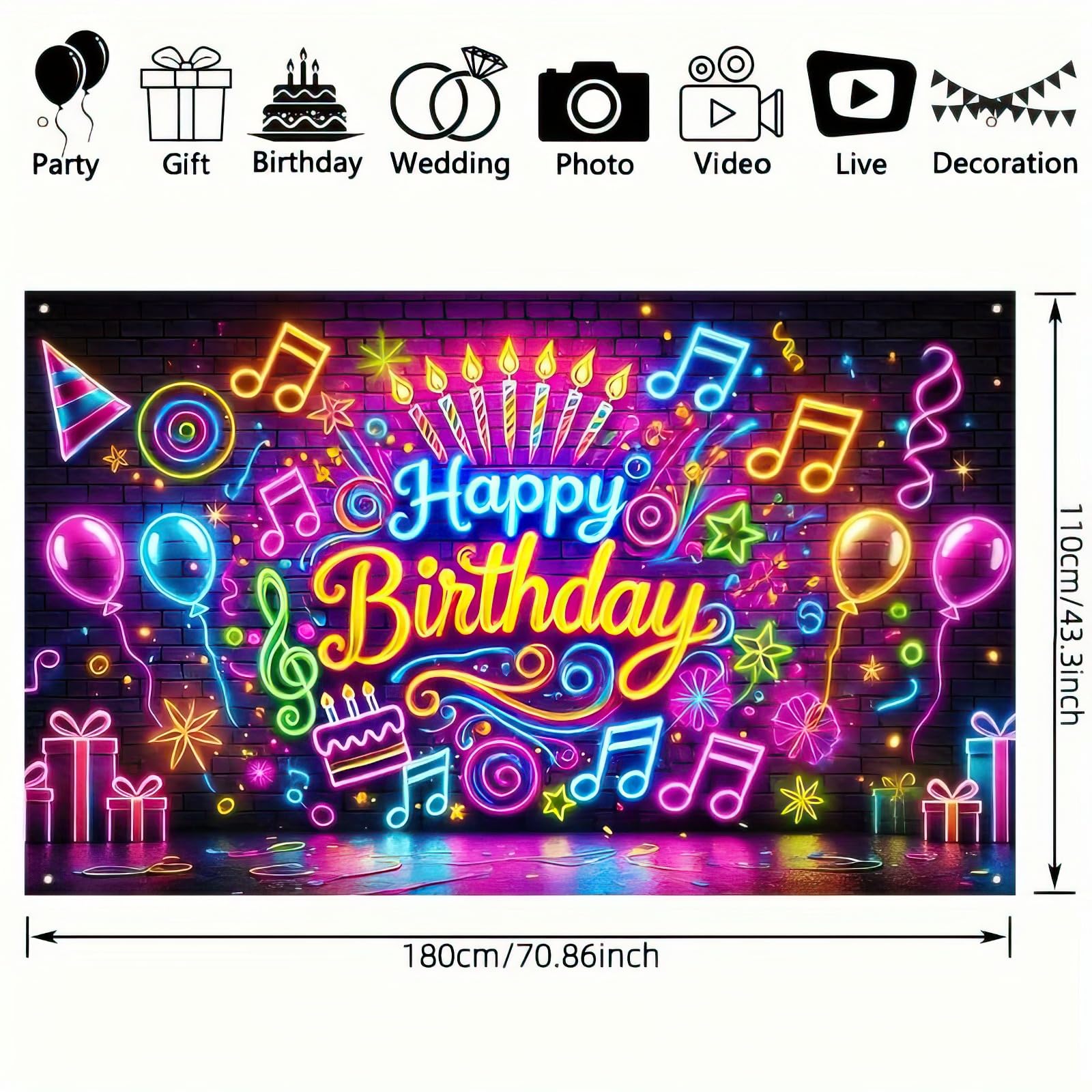 BlissYard Neon Happy Birthday Banner 71x43 Inch Glow in the Dark Backdrop for Kids Parties