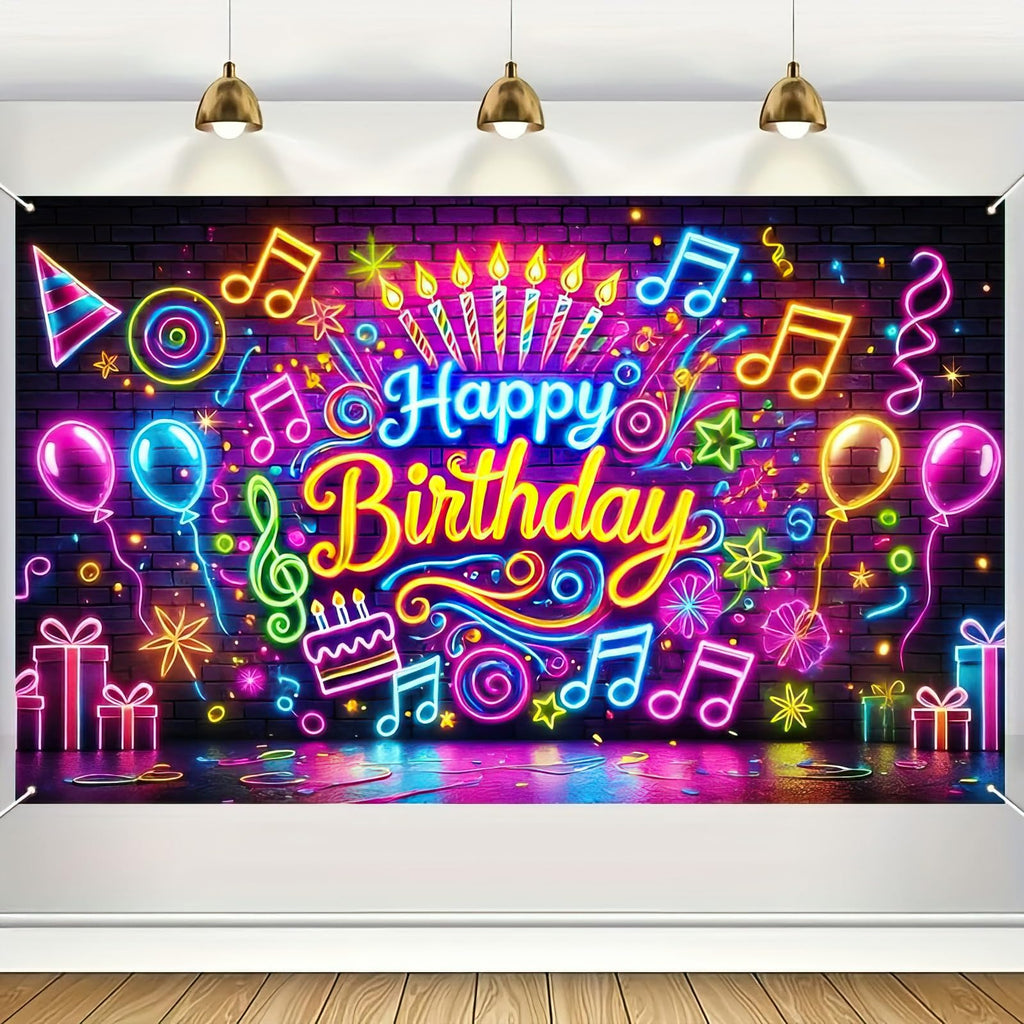 BlissYard Neon Happy Birthday Banner 71x43 Inch Glow in the Dark Backdrop for Kids Parties
