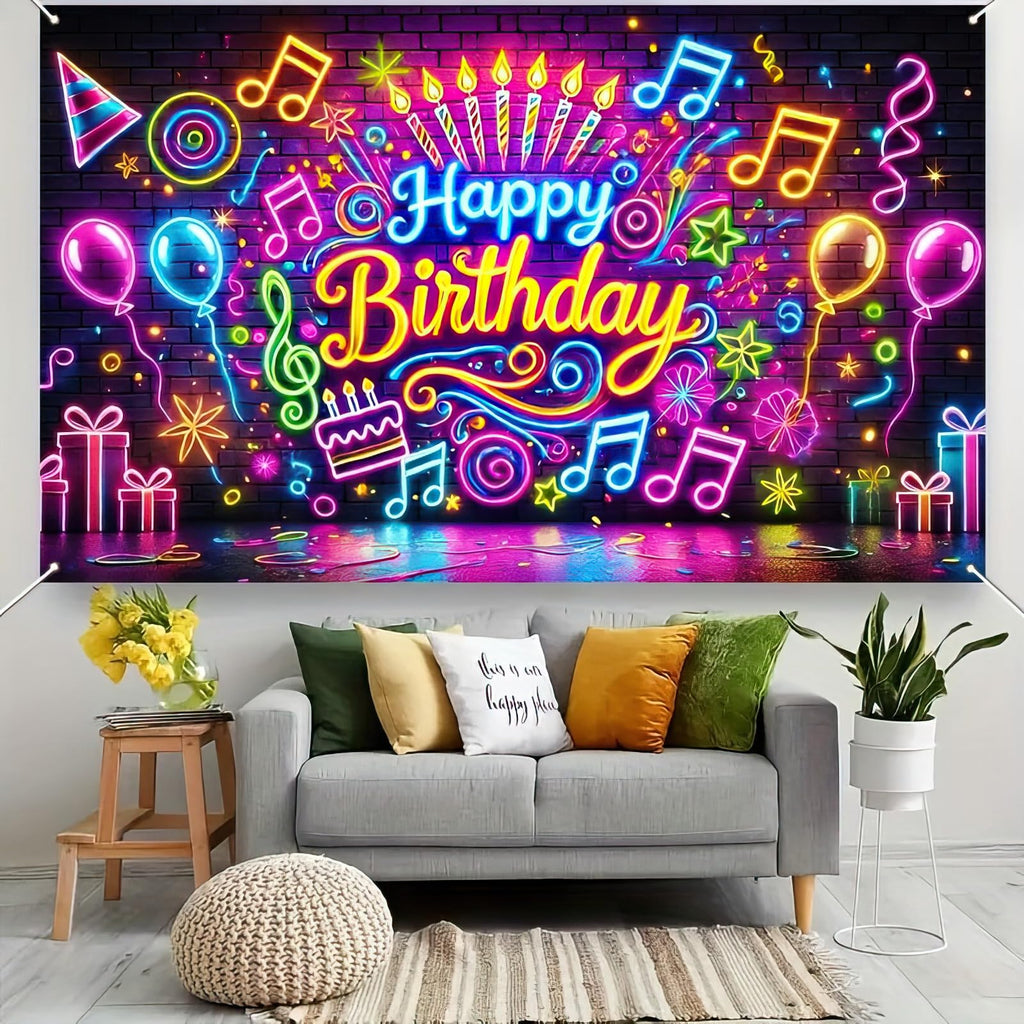 BlissYard Neon Happy Birthday Banner 71x43 Inch Glow in the Dark Backdrop for Kids Parties