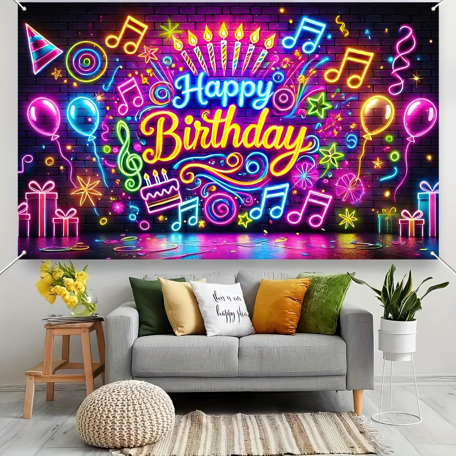 BlissYard Neon Happy Birthday Banner 71x43 Inch Glow in the Dark Backdrop for Kids Parties