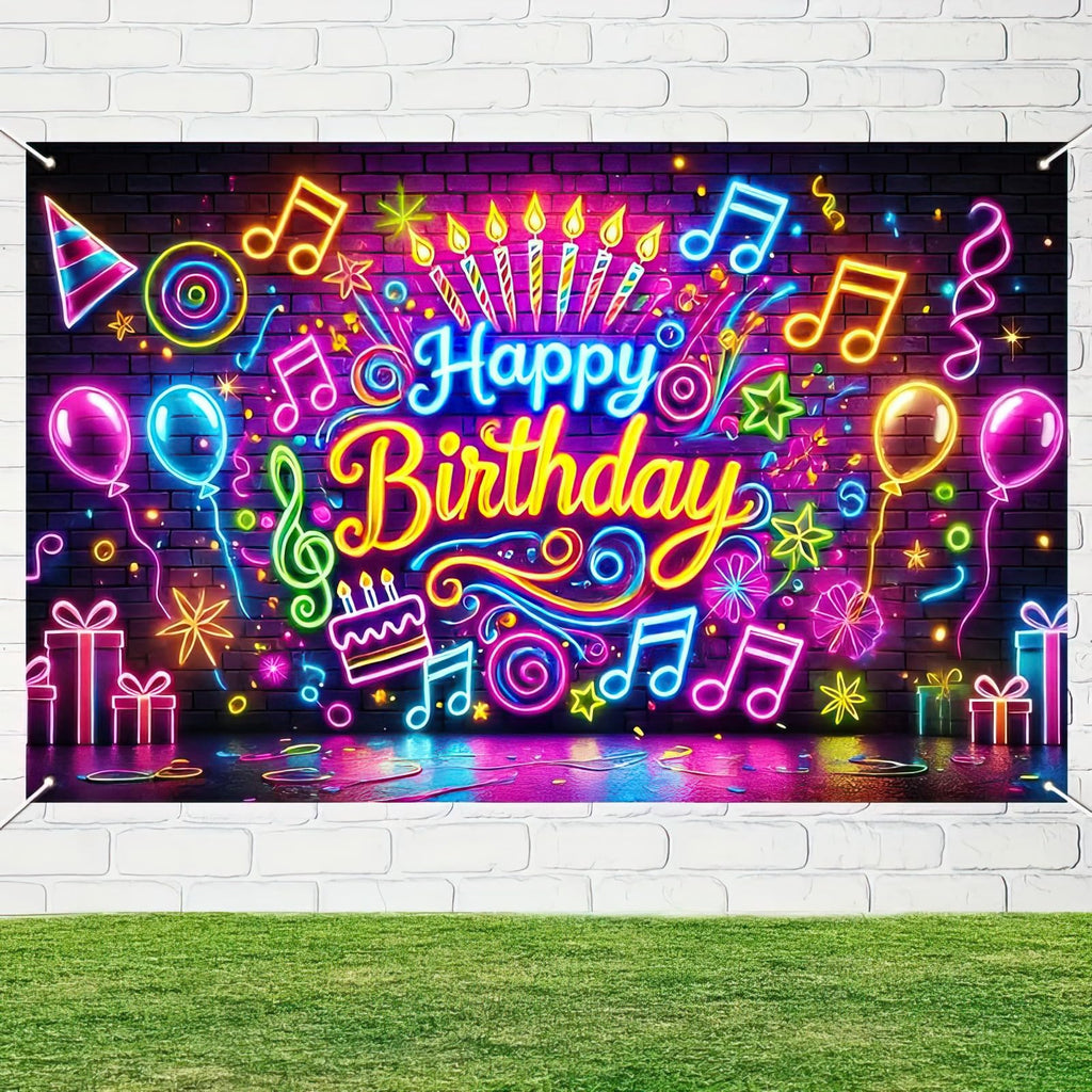 BlissYard Neon Happy Birthday Banner 71x43 Inch Glow in the Dark Backdrop for Kids Parties