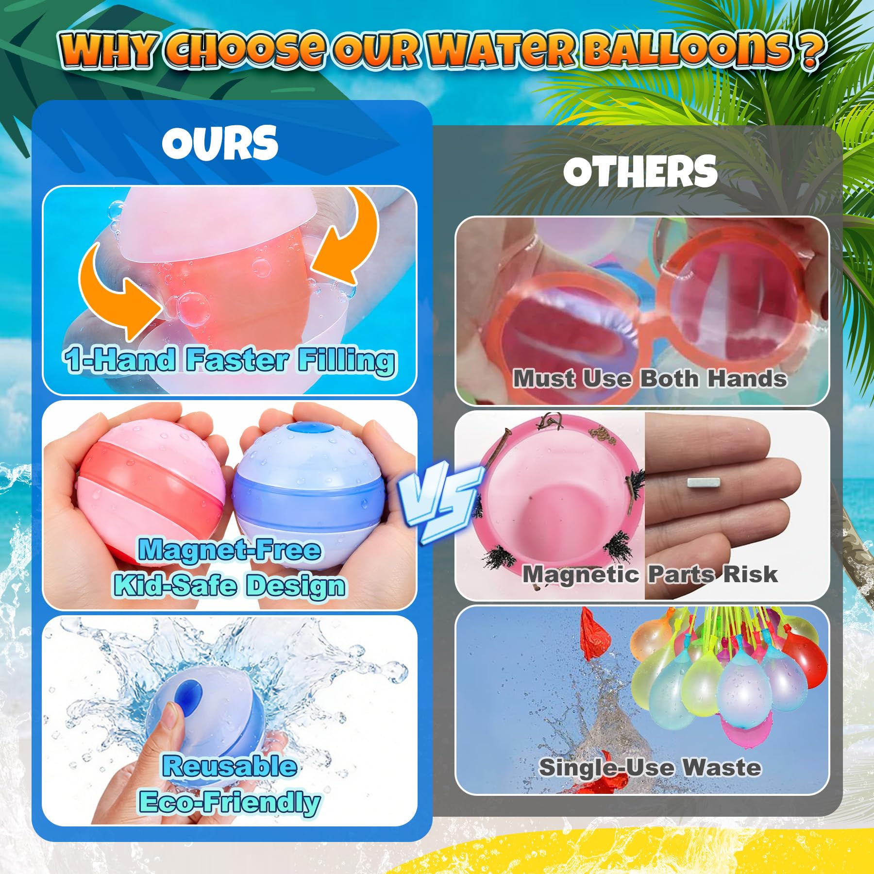 BlivEclat Reusable Water Balloons 6 Pack – Self-Sealing, No Magnets, Eco-Friendly Silicone Splash Balls