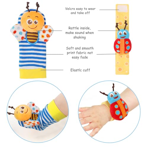BLOOBLOOMAX 8-Piece Baby Wrist Rattles and Foot Finder Socks Set – Soft Fabric, Bells, Gift Box