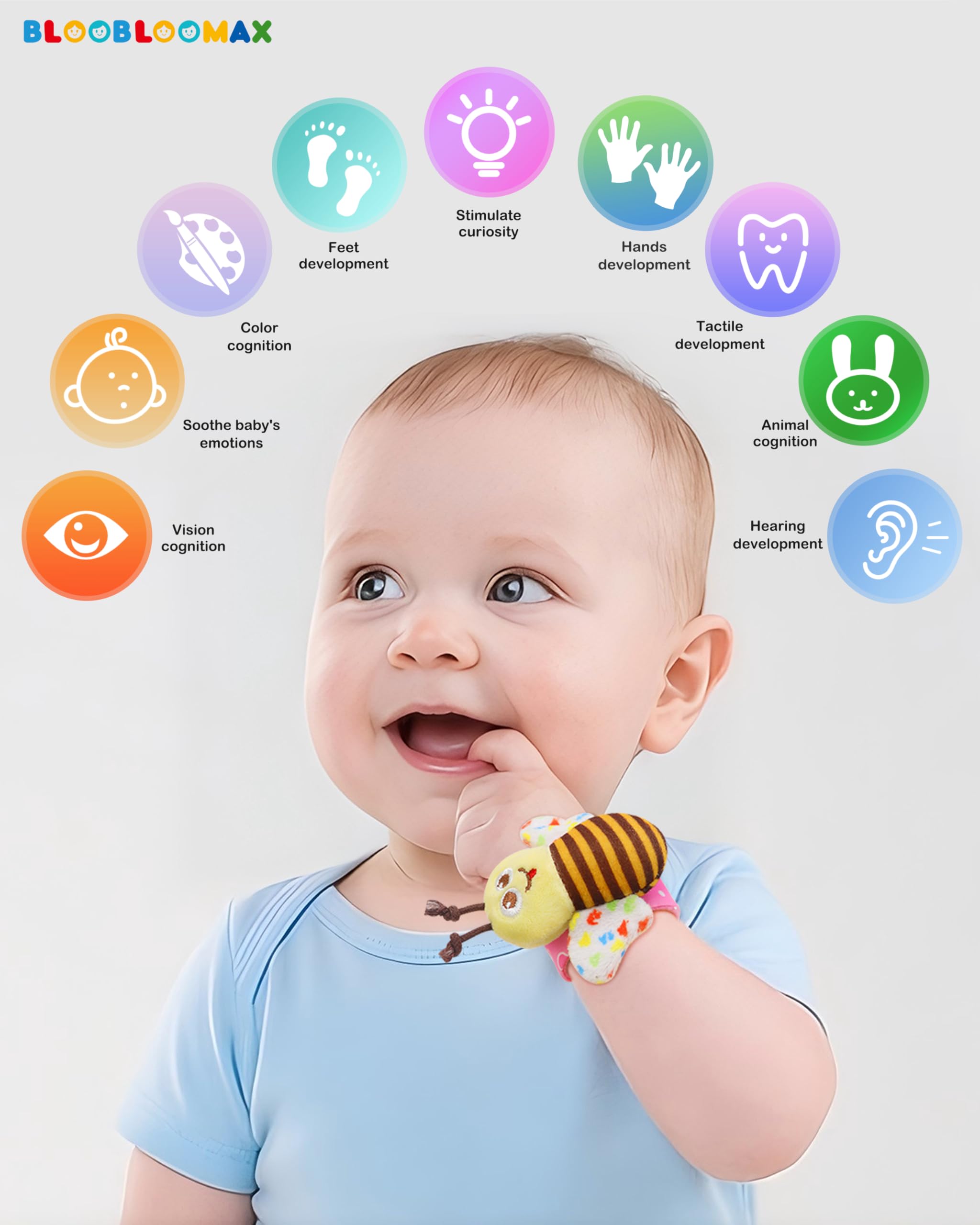 BLOOBLOOMAX 8-Piece Baby Wrist Rattles and Foot Finder Socks Set – Soft Fabric, Bells, Gift Box
