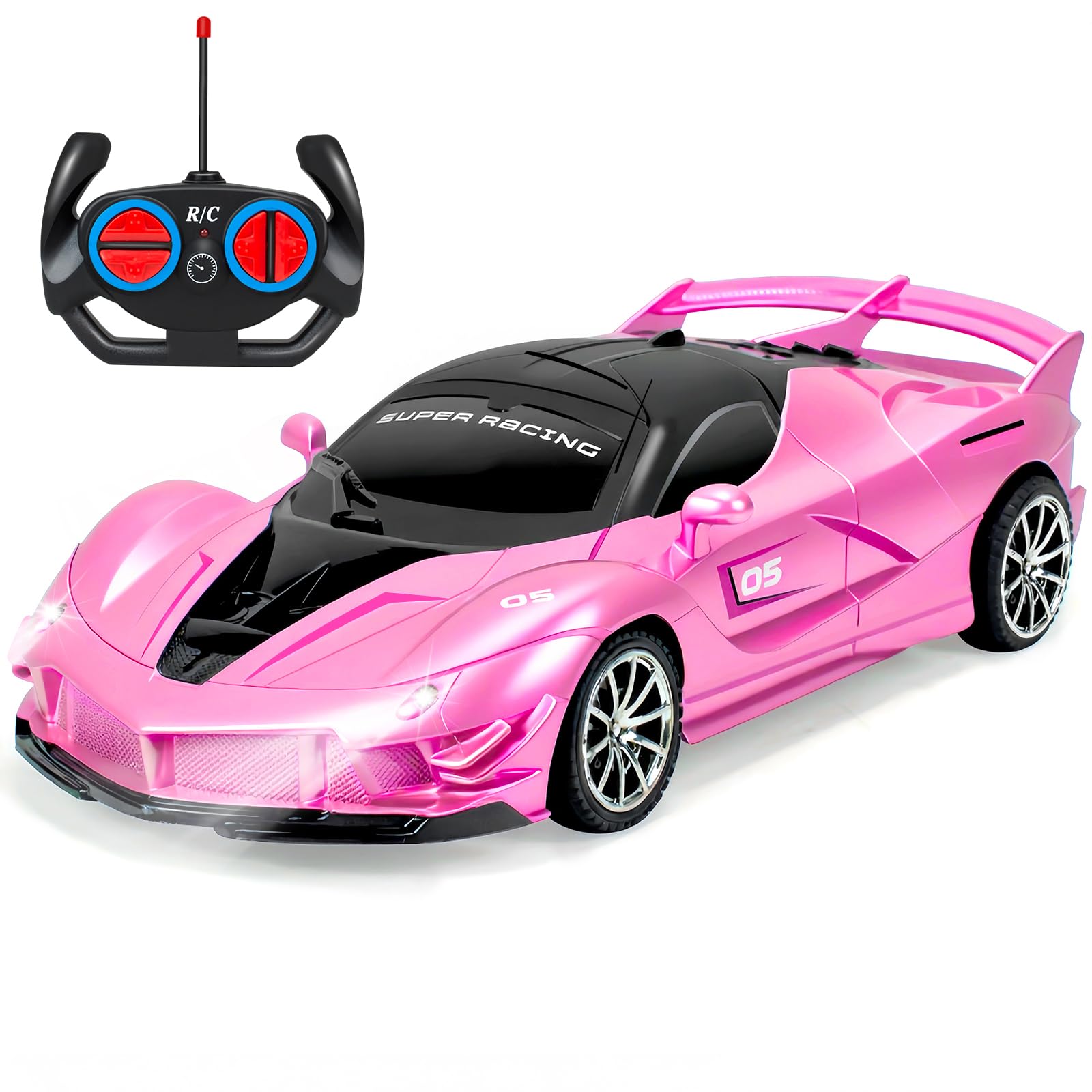 Bloolilies 1:18 Scale Pink Remote Control Car for Girls Ages 3-12 with LED Headlights