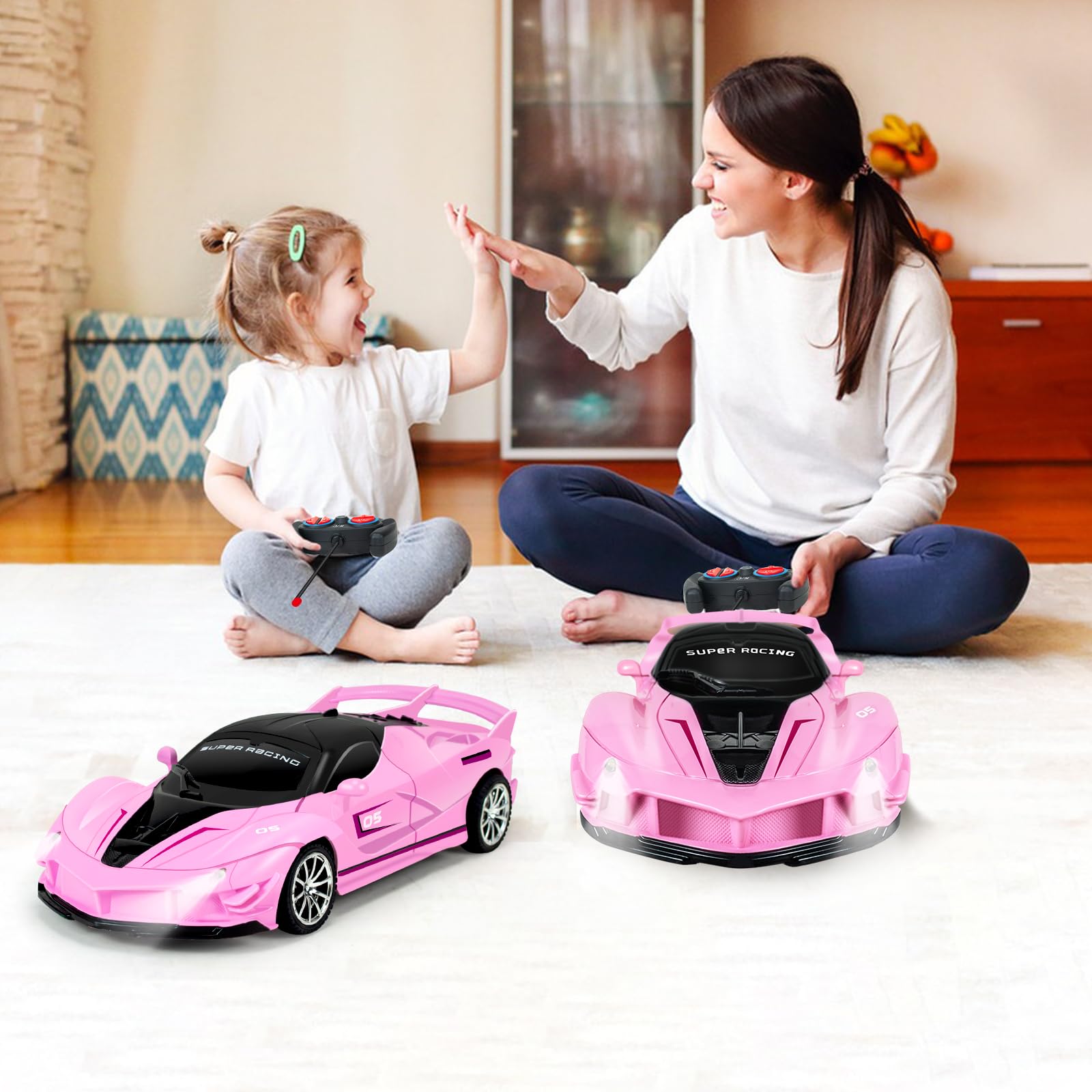 Bloolilies 1:18 Scale Pink Remote Control Car for Girls Ages 3-12 with LED Headlights