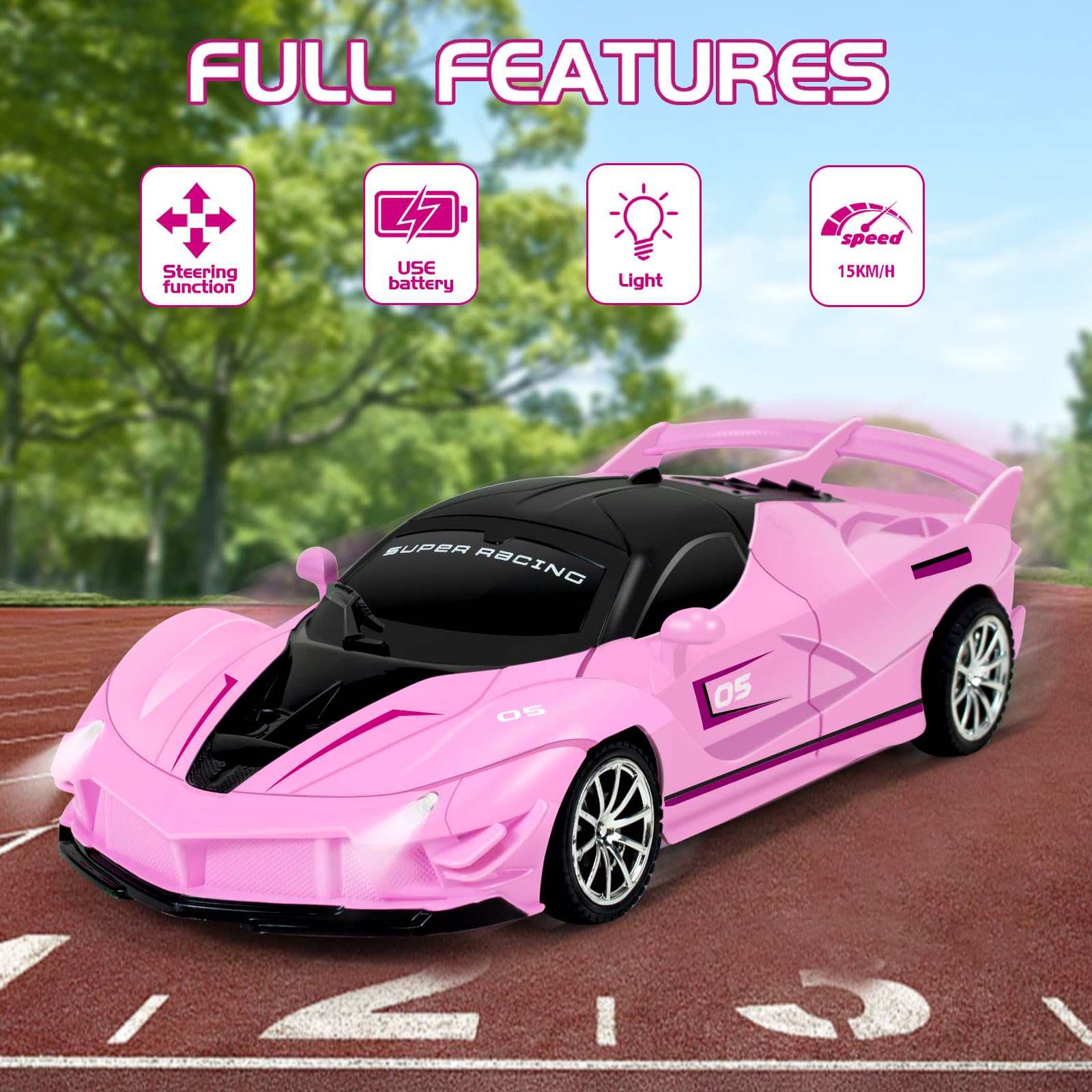 Bloolilies 1:18 Scale Pink Remote Control Car for Girls Ages 3-12 with LED Headlights