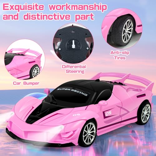 Bloolilies 1:18 Scale Pink Remote Control Car for Girls Ages 3-12 with LED Headlights