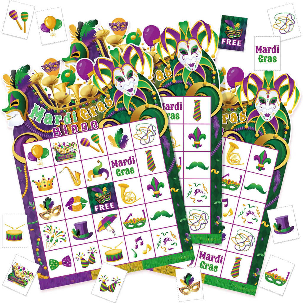 Blosssound Mardi Gras Bingo Set – 24 Player Carnival Bingo Cards with Calling Card and Chips