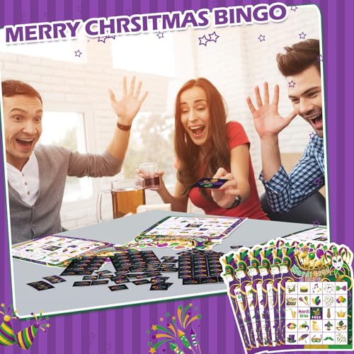 Blosssound Mardi Gras Bingo Set – 24 Player Carnival Bingo Cards with Calling Card and Chips