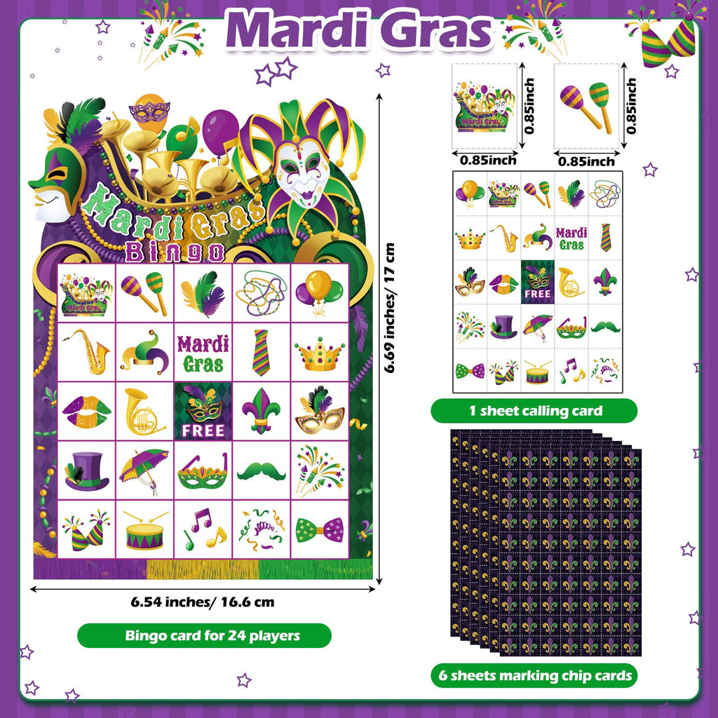 Blosssound Mardi Gras Bingo Set – 24 Player Carnival Bingo Cards with Calling Card and Chips