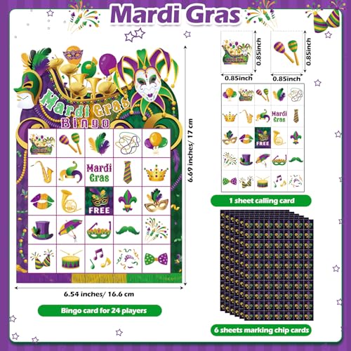 Blosssound Mardi Gras Bingo Set – 24 Player Carnival Bingo Cards with Calling Card and Chips