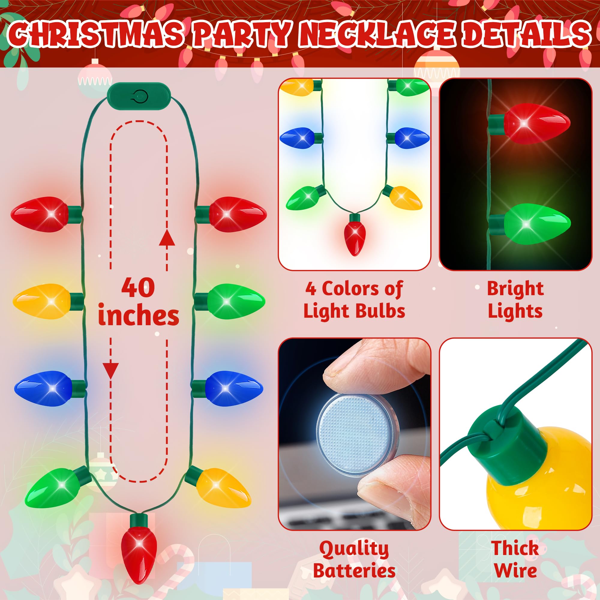 Blowata 5-Pack Christmas Light-Up Necklaces - 9 Bulbs Each, 3 Modes, 40-Inch, Battery Included