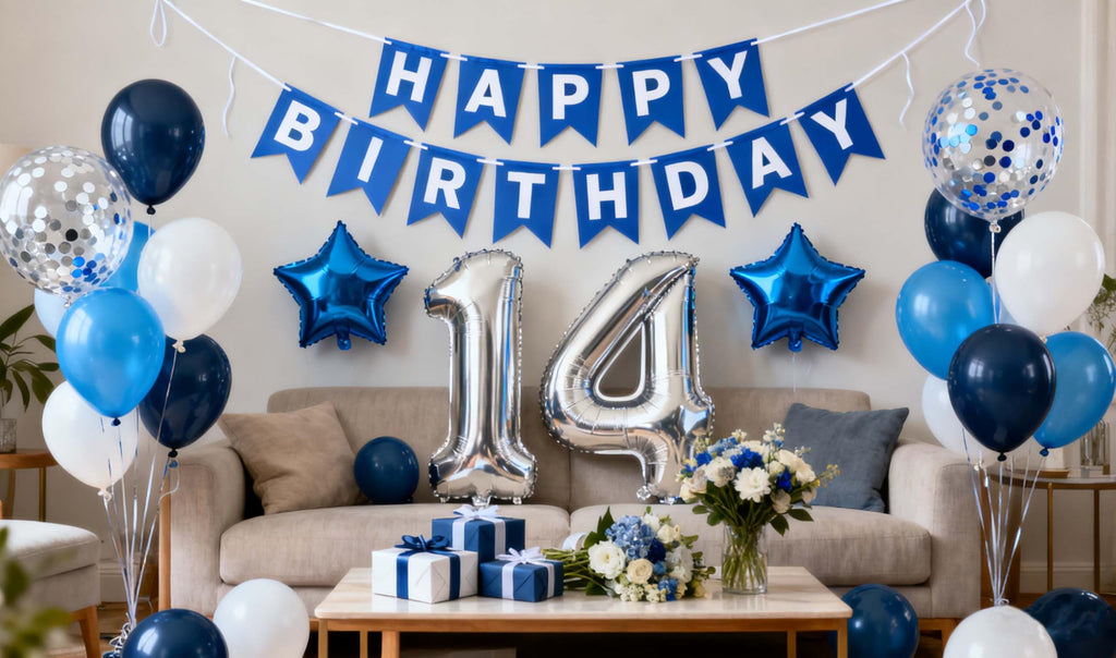 Blue 14th Birthday Party Decorations Kit for Boys – Balloons, Banner & Confetti