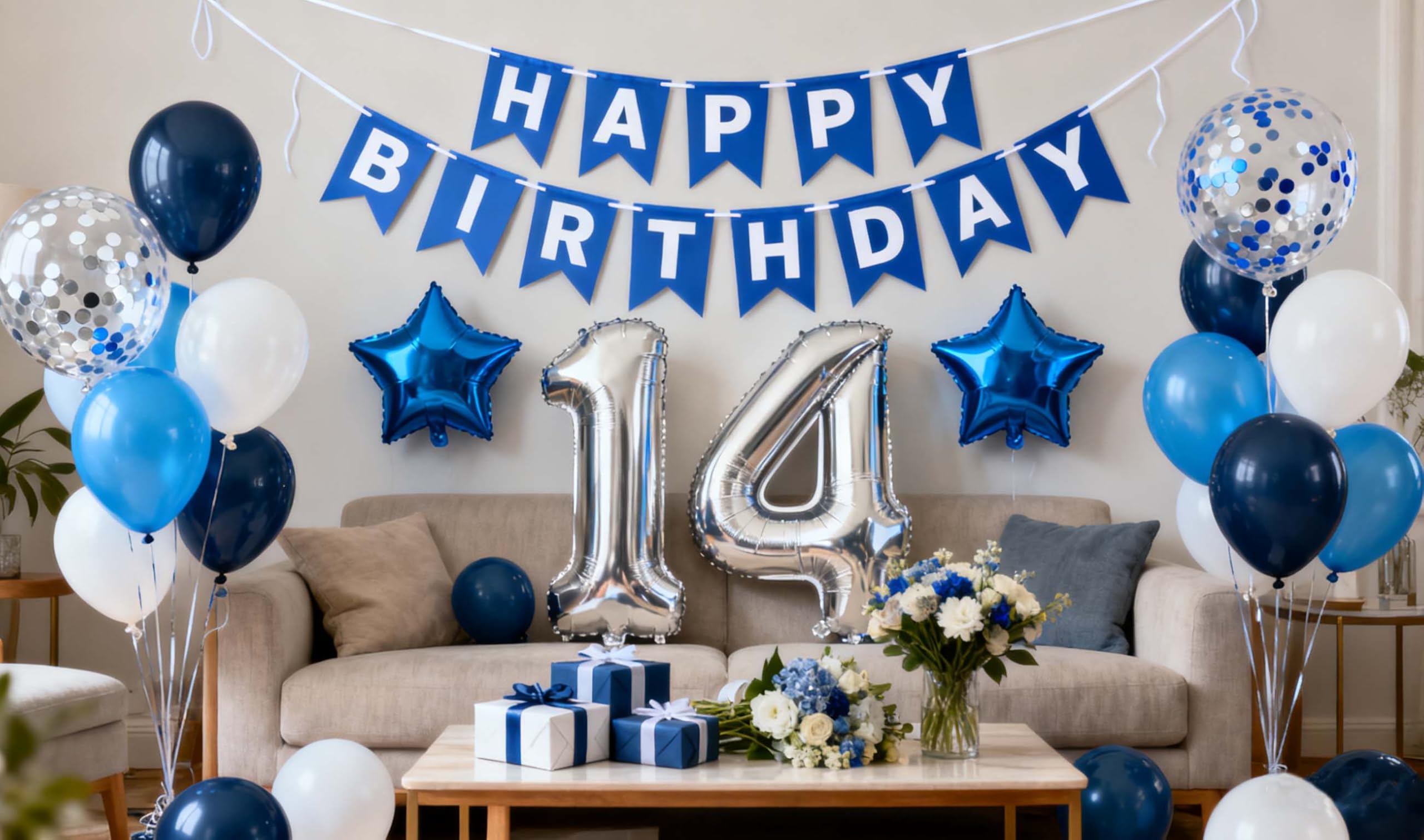 Blue 14th Birthday Party Decorations Kit for Boys – Balloons, Banner & Confetti