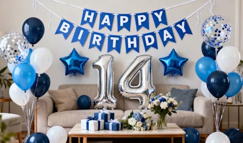 Blue 14th Birthday Party Decorations Kit for Boys – Balloons, Banner & Confetti