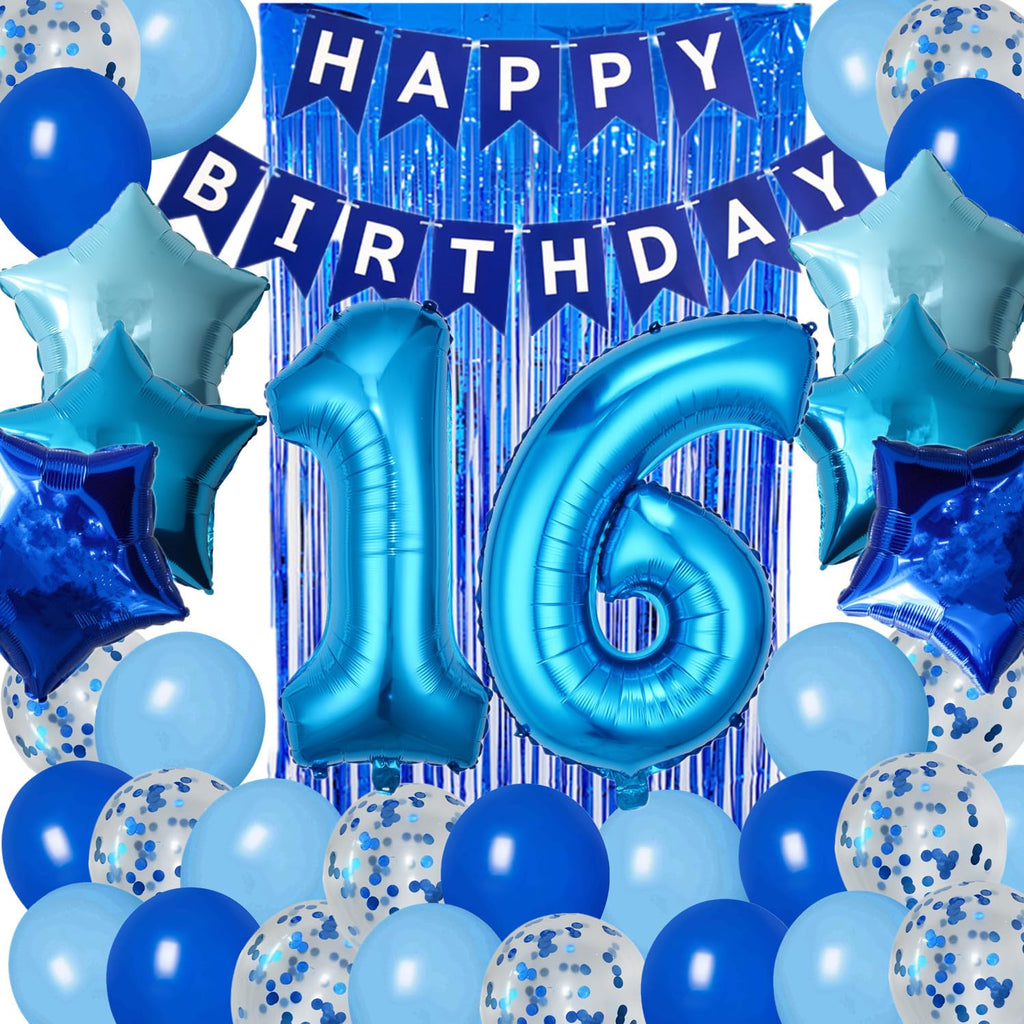 Blue 16th Birthday Decoration Set - Banner, Number 16 Balloon, Star Balloons, Fringe Curtain & Latex Balloons