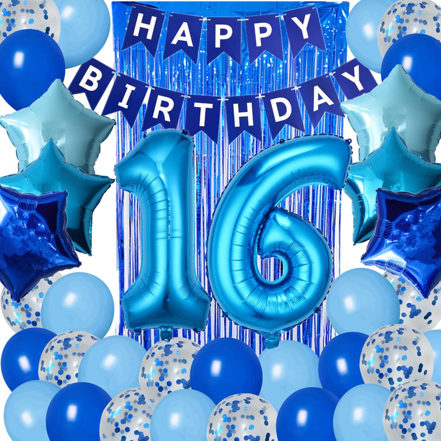 Blue 16th Birthday Decoration Set - Banner, Number 16 Balloon, Star Balloons, Fringe Curtain & Latex Balloons