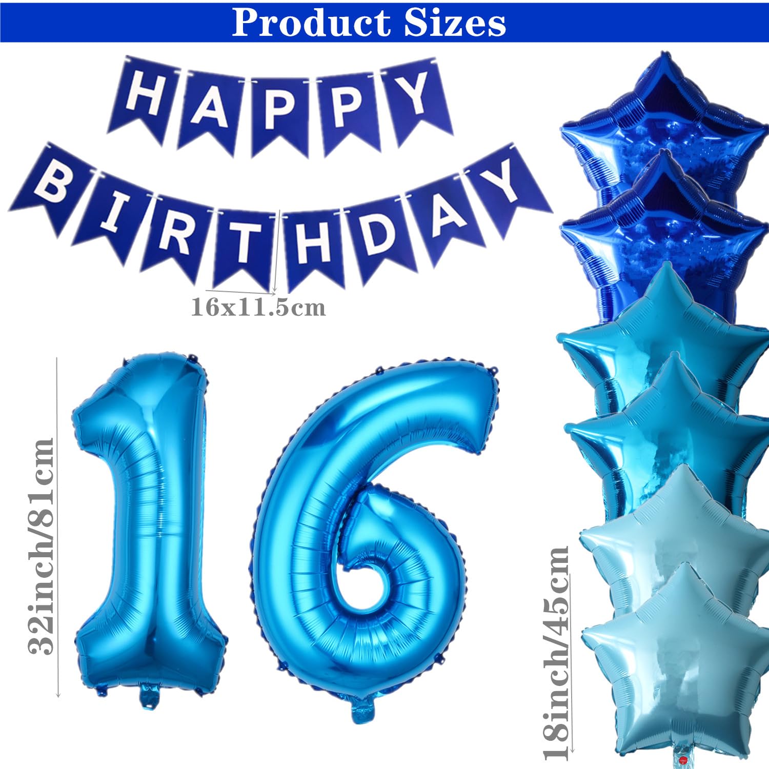 Blue 16th Birthday Decoration Set - Banner, Number 16 Balloon, Star Balloons, Fringe Curtain & Latex Balloons