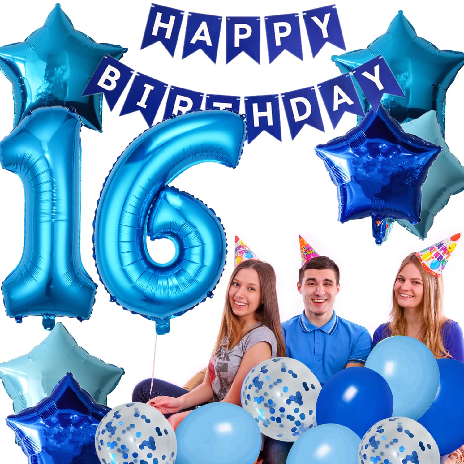 Blue 16th Birthday Decoration Set - Banner, Number 16 Balloon, Star Balloons, Fringe Curtain & Latex Balloons