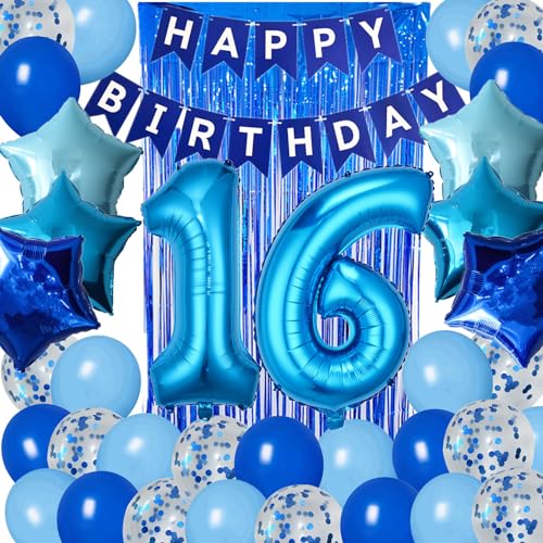 Blue 16th Birthday Decoration Set - Banner, Number 16 Balloon, Star Balloons, Fringe Curtain & Latex Balloons