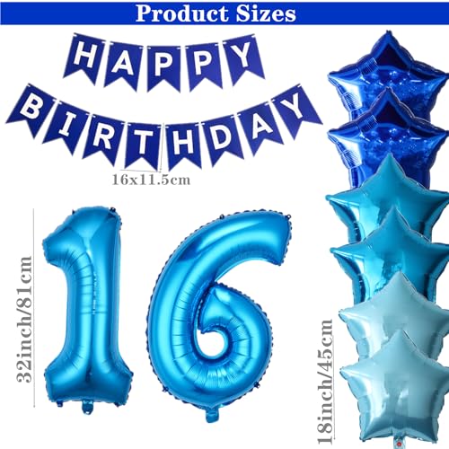 Blue 16th Birthday Decoration Set - Banner, Number 16 Balloon, Star Balloons, Fringe Curtain & Latex Balloons