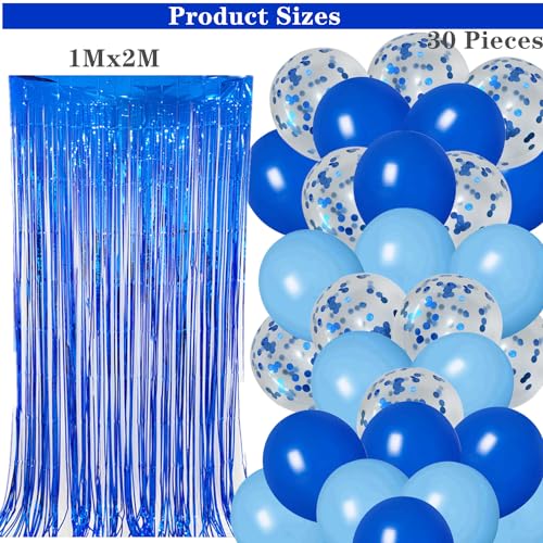 Blue 16th Birthday Decoration Set - Banner, Number 16 Balloon, Star Balloons, Fringe Curtain & Latex Balloons