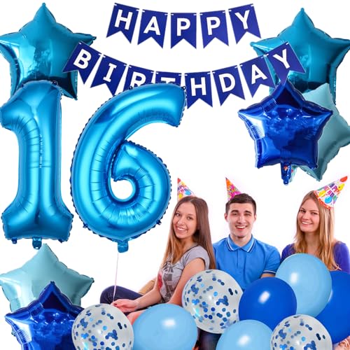 Blue 16th Birthday Decoration Set - Banner, Number 16 Balloon, Star Balloons, Fringe Curtain & Latex Balloons