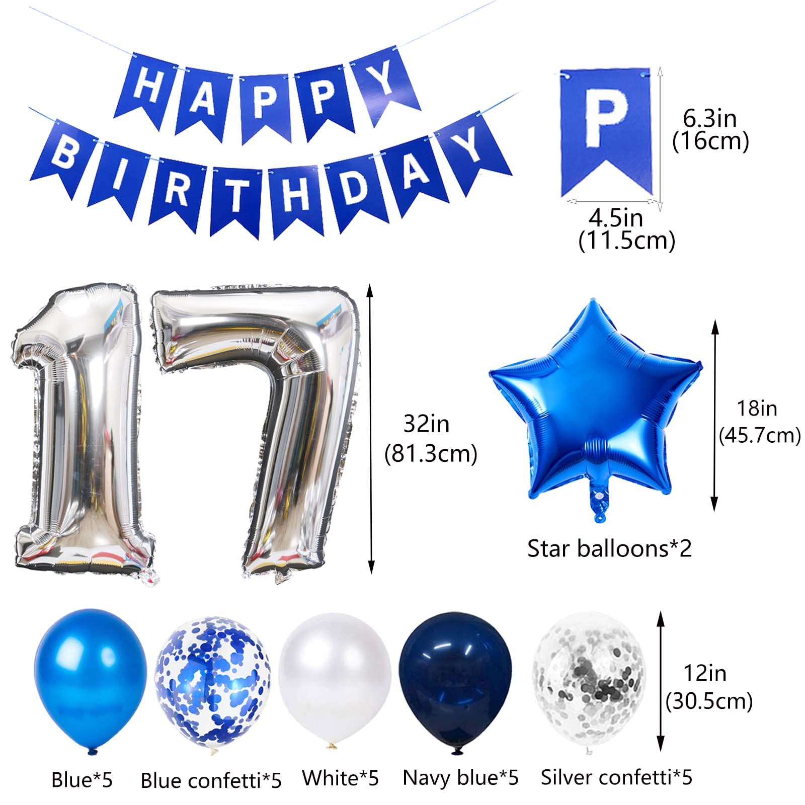 Blue 17th Birthday Decorations for Boys - 31-Piece Set with Banner, Number 17 & Star Foil Balloons, Latex Balloons, Ribbon by JumDaQQ