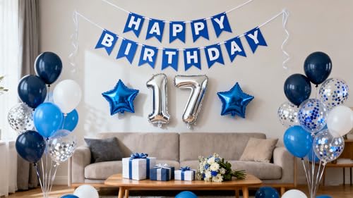 Blue 17th Birthday Decorations for Boys - 31-Piece Set with Banner, Number 17 & Star Foil Balloons, Latex Balloons, Ribbon by JumDaQQ