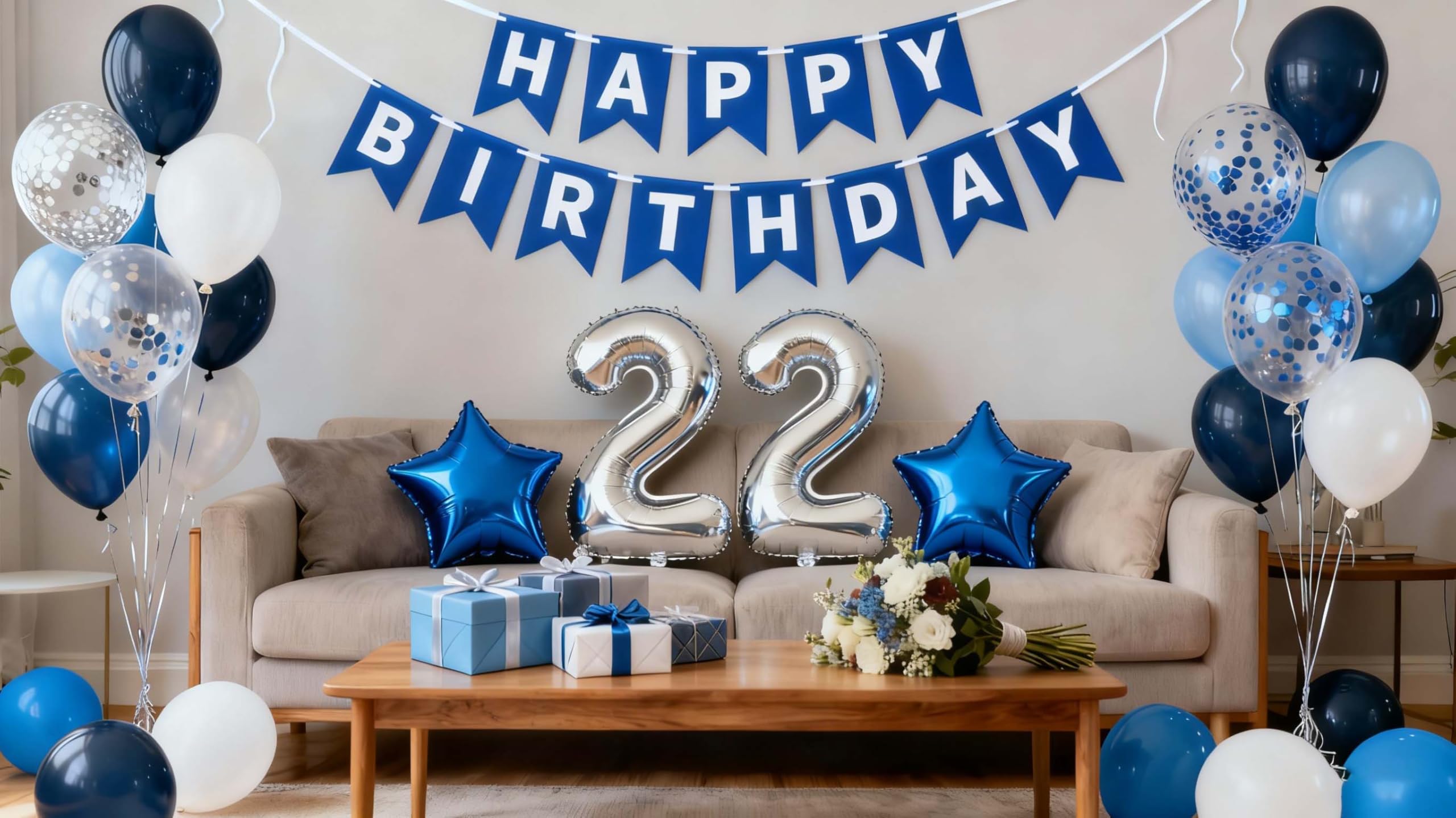 Blue 22nd Birthday Decoration Set for Him – 31 Pieces with Jumbo 22 Balloon, Star Foil, Latex Confetti & Banner