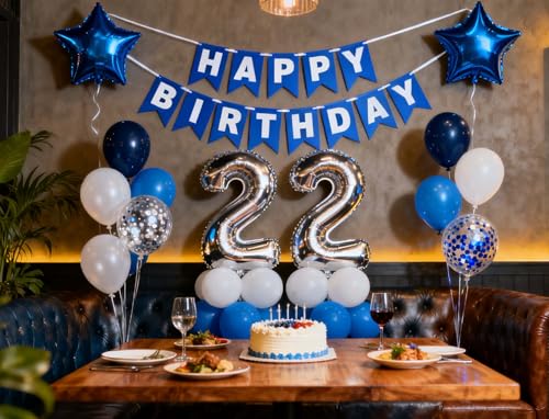 Blue 22nd Birthday Decoration Set for Him – 31 Pieces with Jumbo 22 Balloon, Star Foil, Latex Confetti & Banner