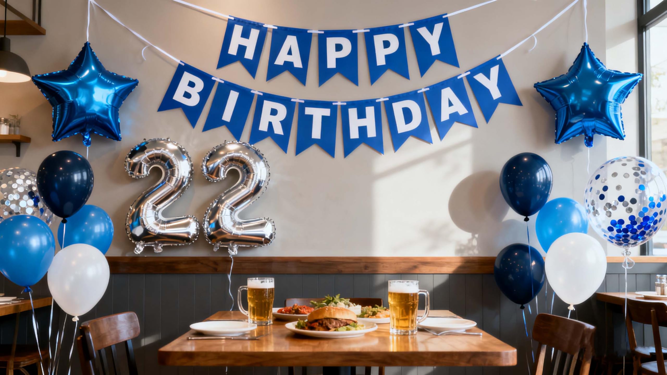 Blue 22nd Birthday Decoration Set for Him – 31 Pieces with Jumbo 22 Balloon, Star Foil, Latex Confetti & Banner