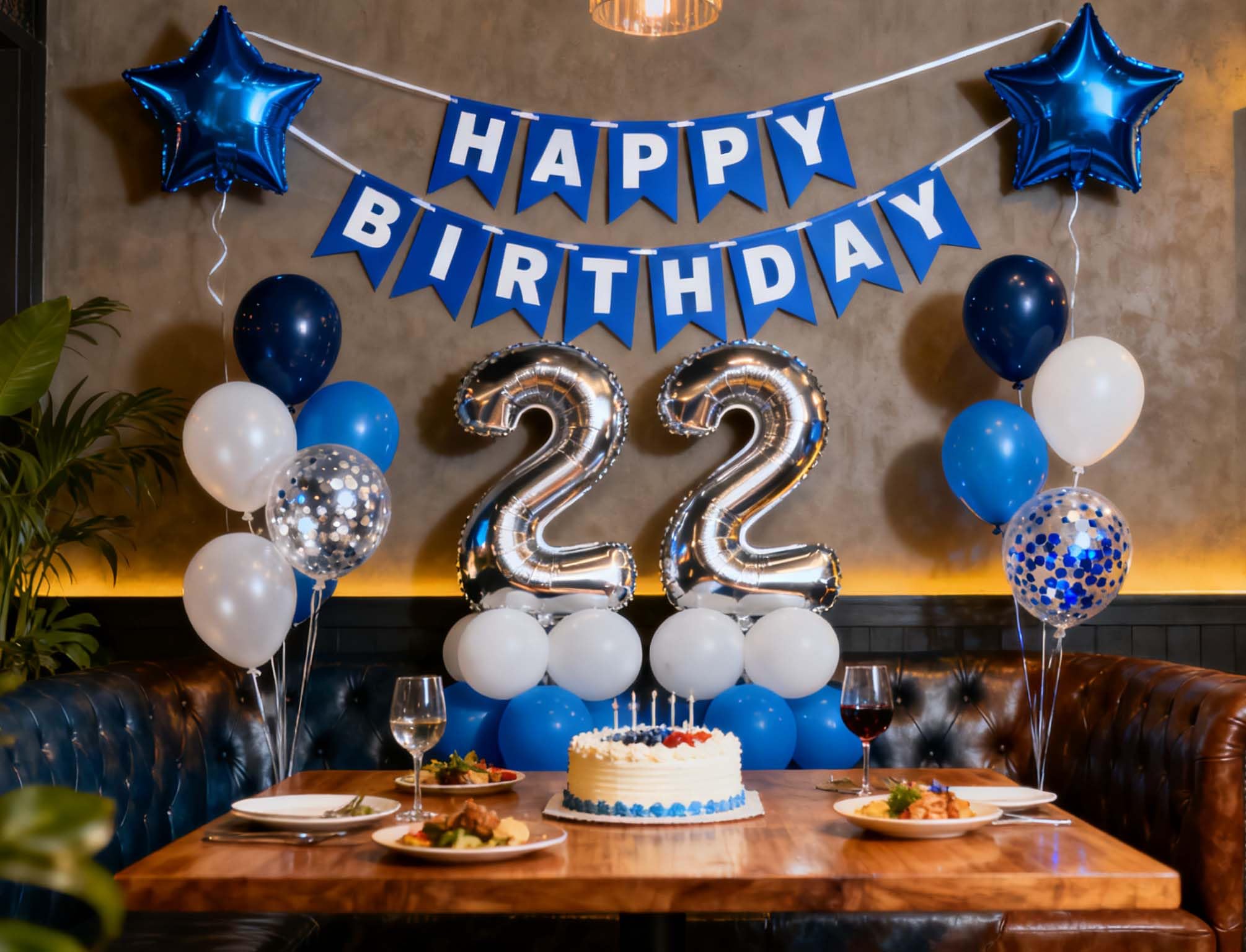 Blue 22nd Birthday Decoration Set for Him – 31 Pieces with Jumbo 22 Balloon, Star Foil, Latex Confetti & Banner