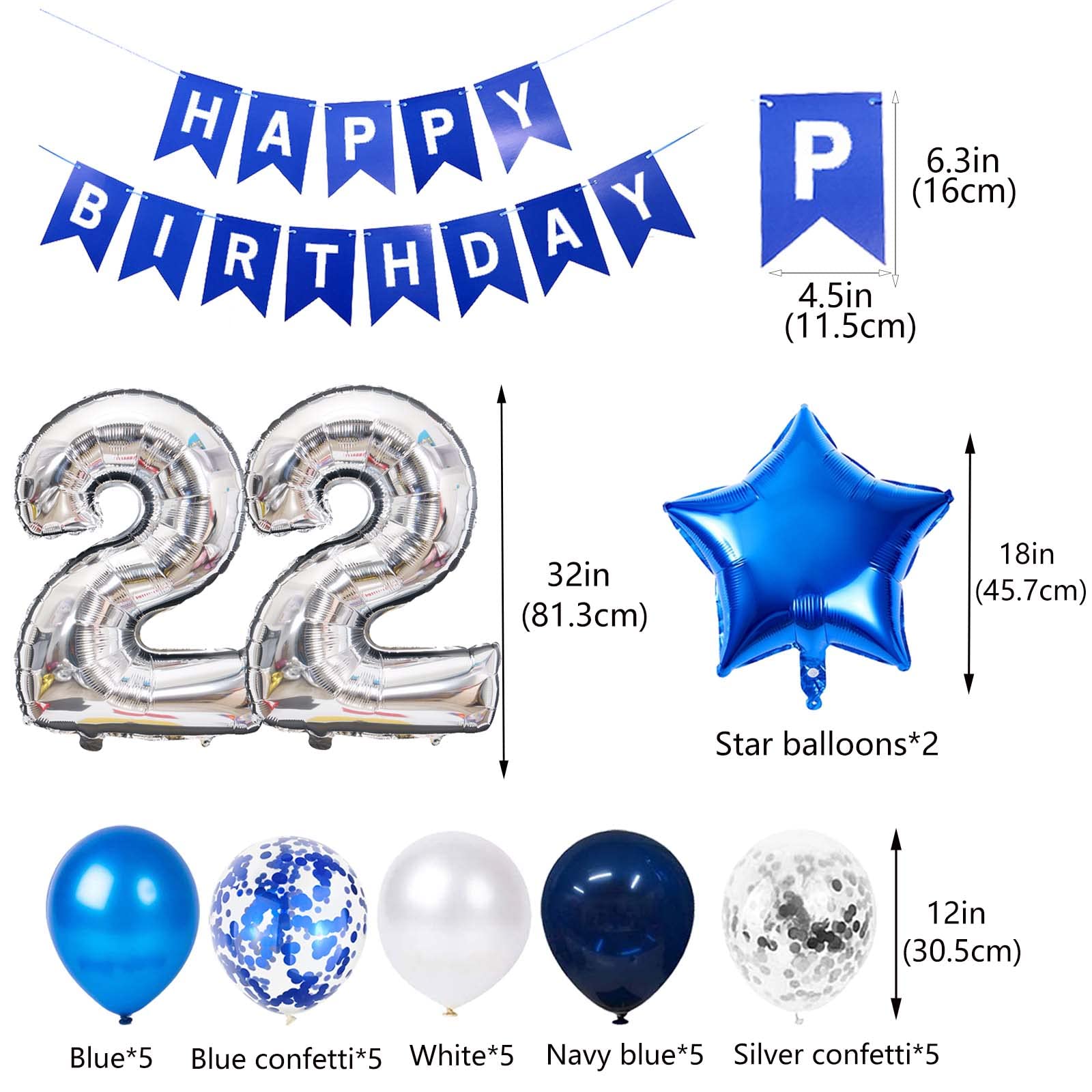 Blue 22nd Birthday Decoration Set for Him – 31 Pieces with Jumbo 22 Balloon, Star Foil, Latex Confetti & Banner